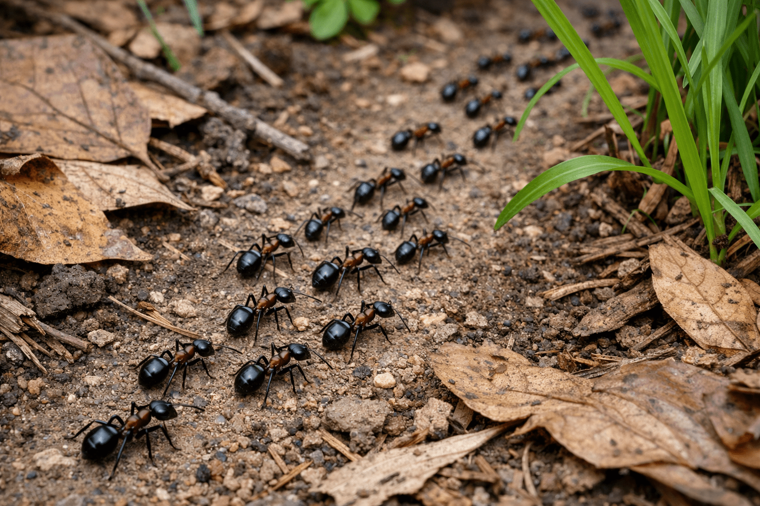 Ant colony workers foraging in natural garden habitat showing common ant species behavior
