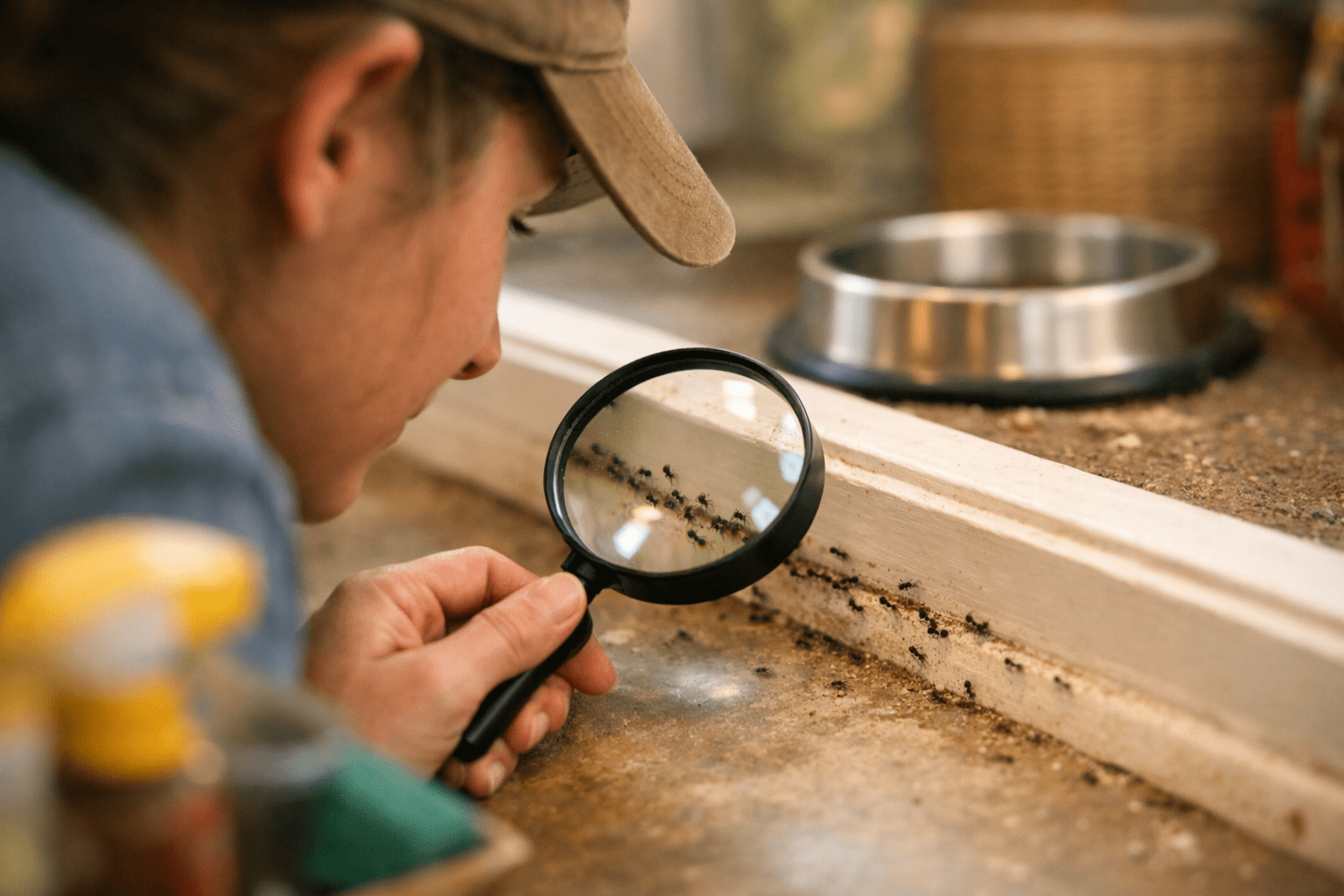 Person using magnifying glass to identify common ant species in home kitchen area
