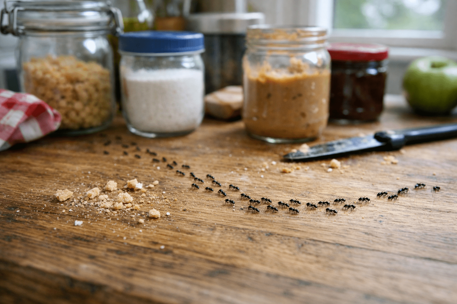 Ant colony trail crossing a kitchen counter near food, showing common household ant infestation