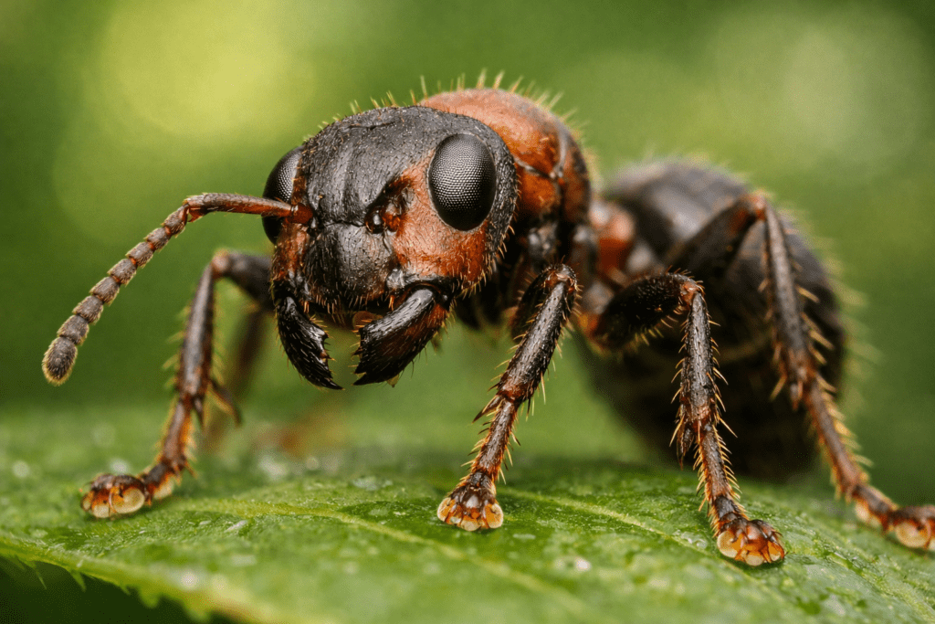 Detailed macro photograph of an ant on a leaf showing compound eyes and segmented body structure