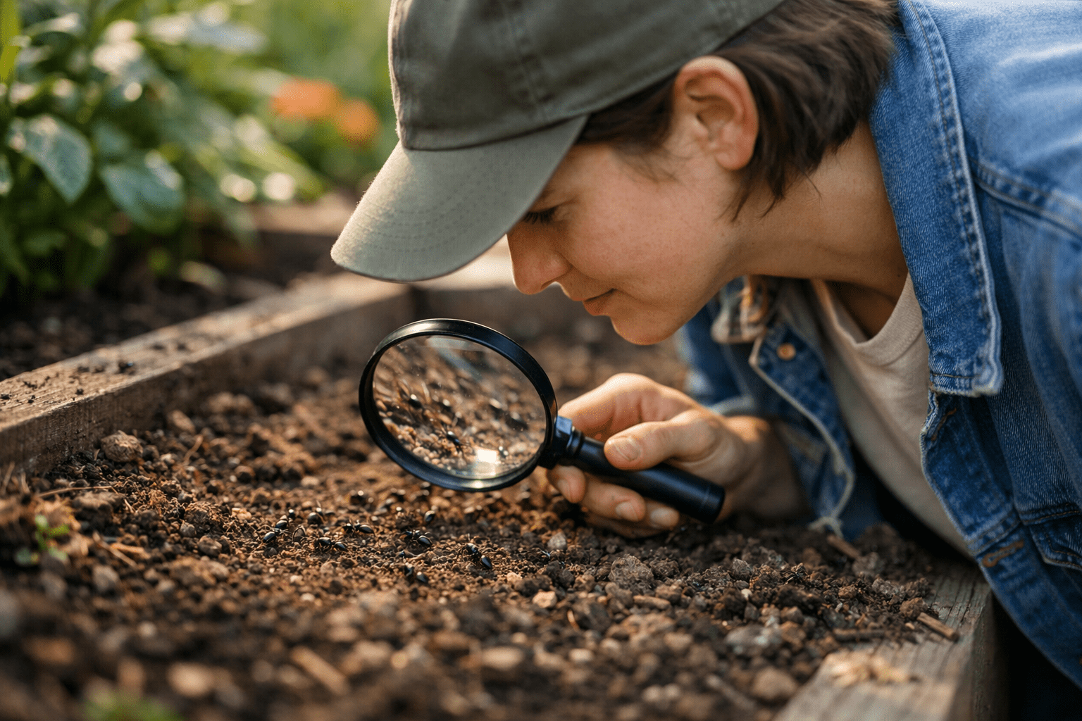 Person examining garden soil with magnifying glass to observe ant colony behavior and benefits