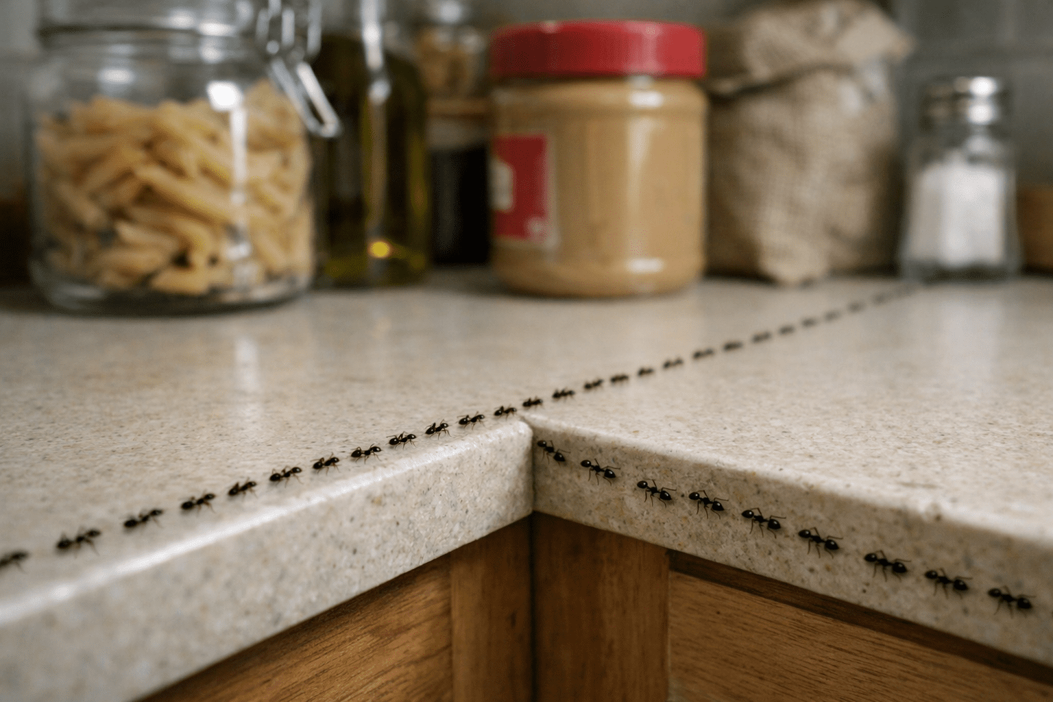 Argentine ants marching in organized line across kitchen counter toward pantry