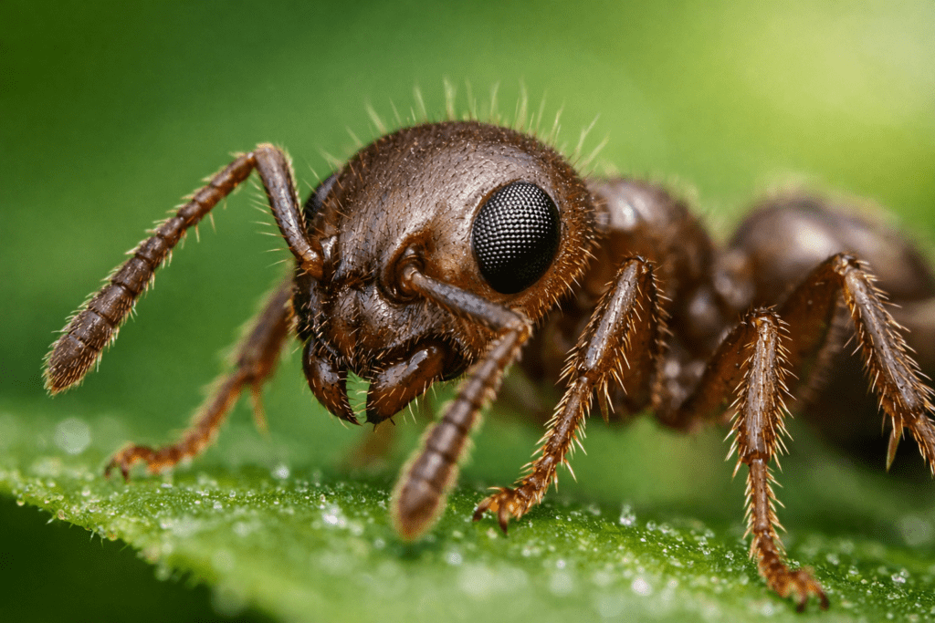 Argentine ant macro photography showing detailed brown ant body and antennae on green leaf