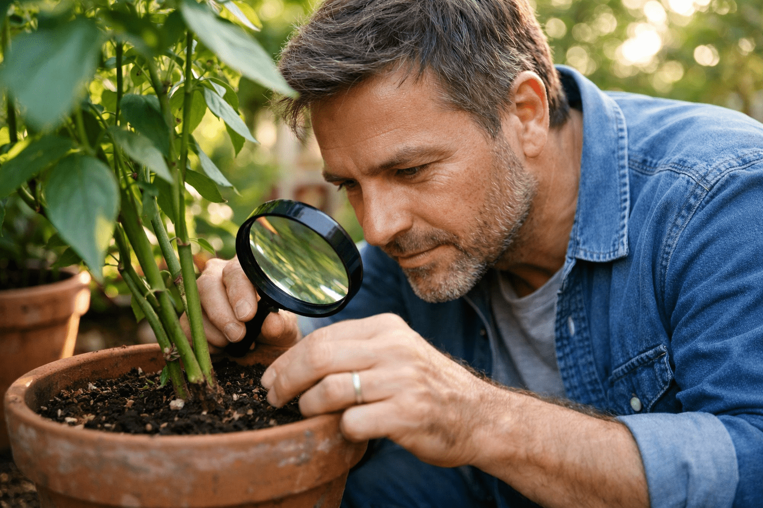 Gardener inspecting plants for Argentine ant colonies with magnifying glass outdoors