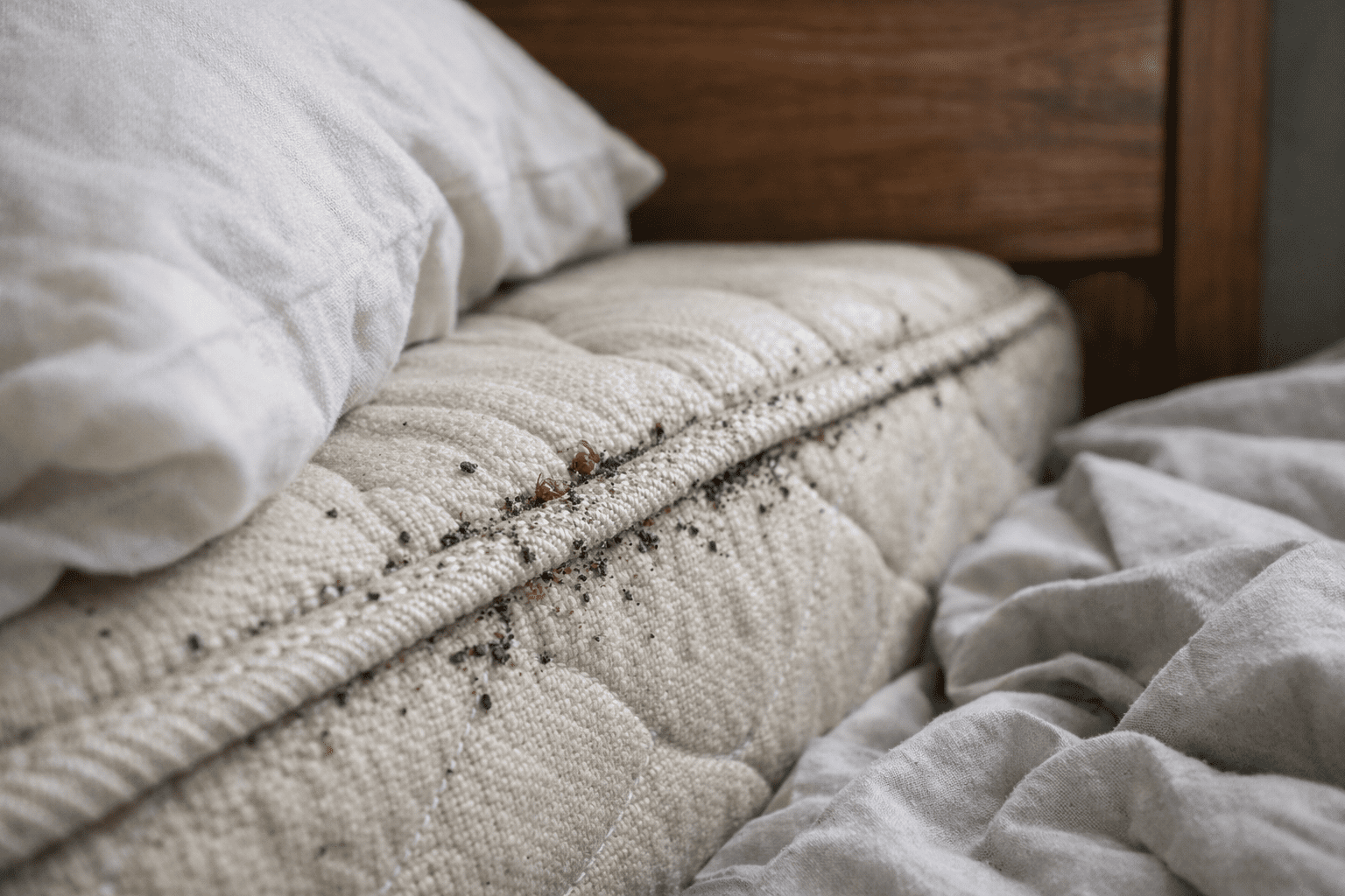 Bed bug infestation signs in mattress seams and bedroom furniture