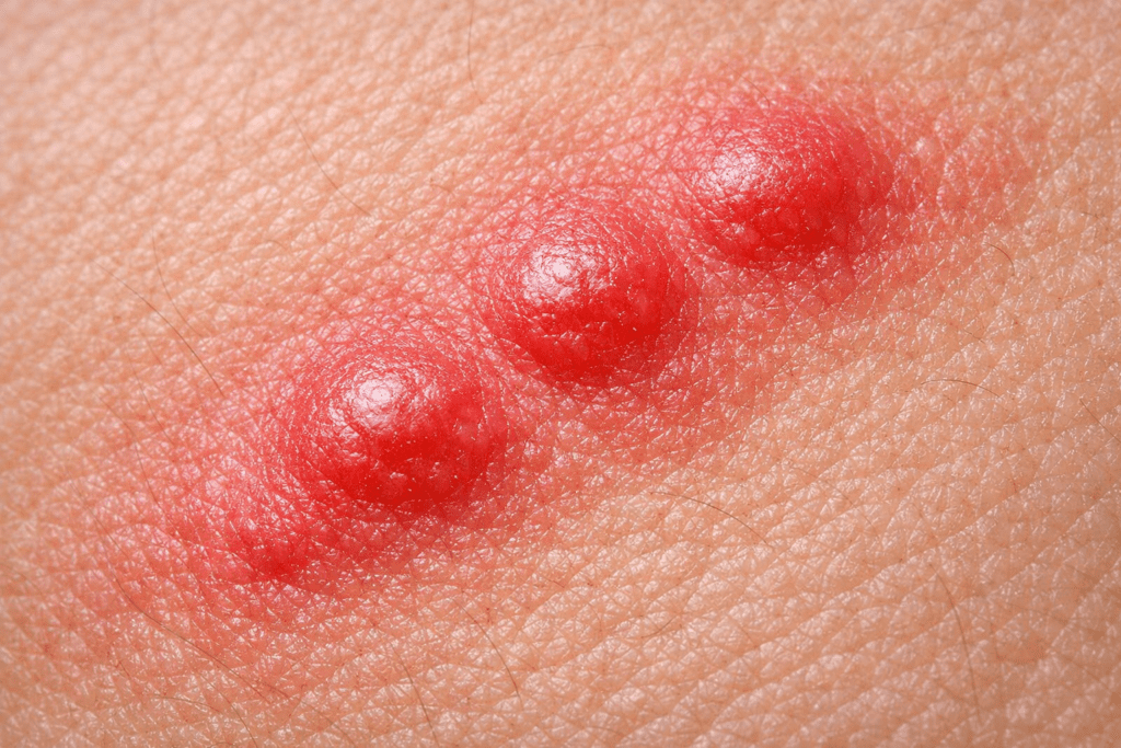 Macro close-up of bed bug bites showing red welts and inflammation on skin