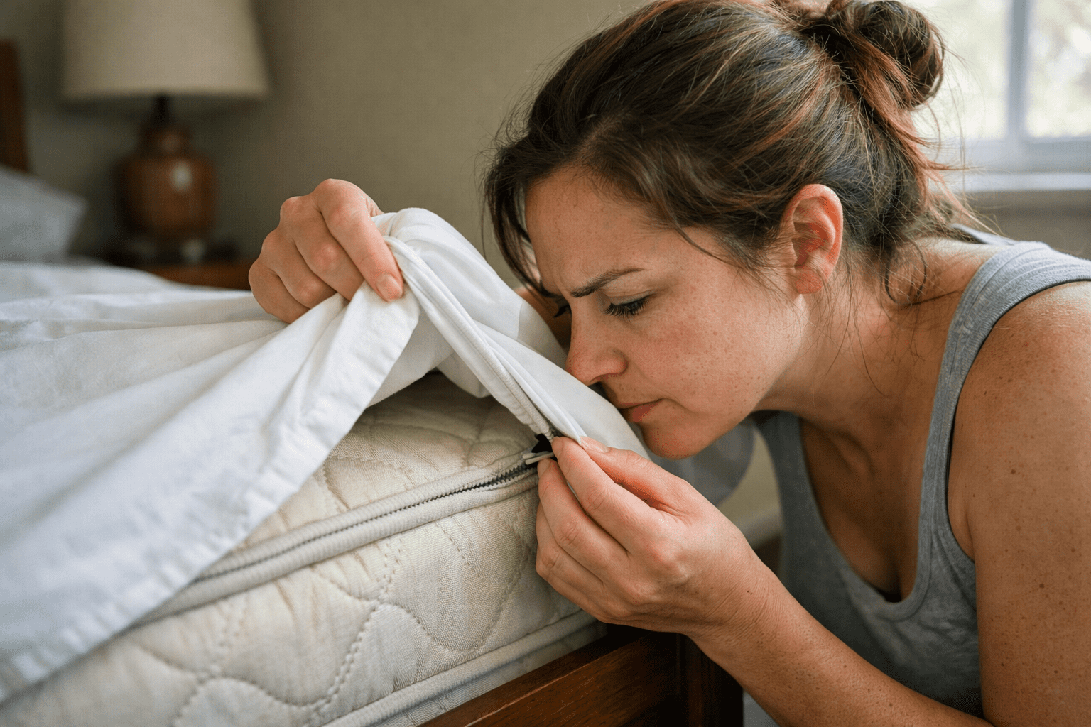 Woman inspecting mattress and sheets for bed bug prevention and detection