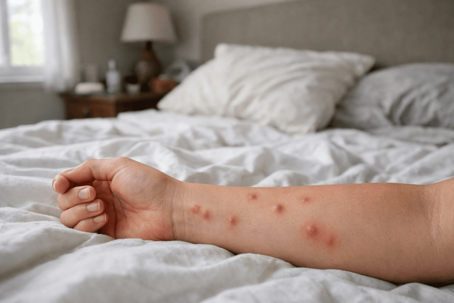 Bedroom scene showing bed bug bites on person's arm near bedsheet and pillow, demonstrating typical sleeping area bite patterns