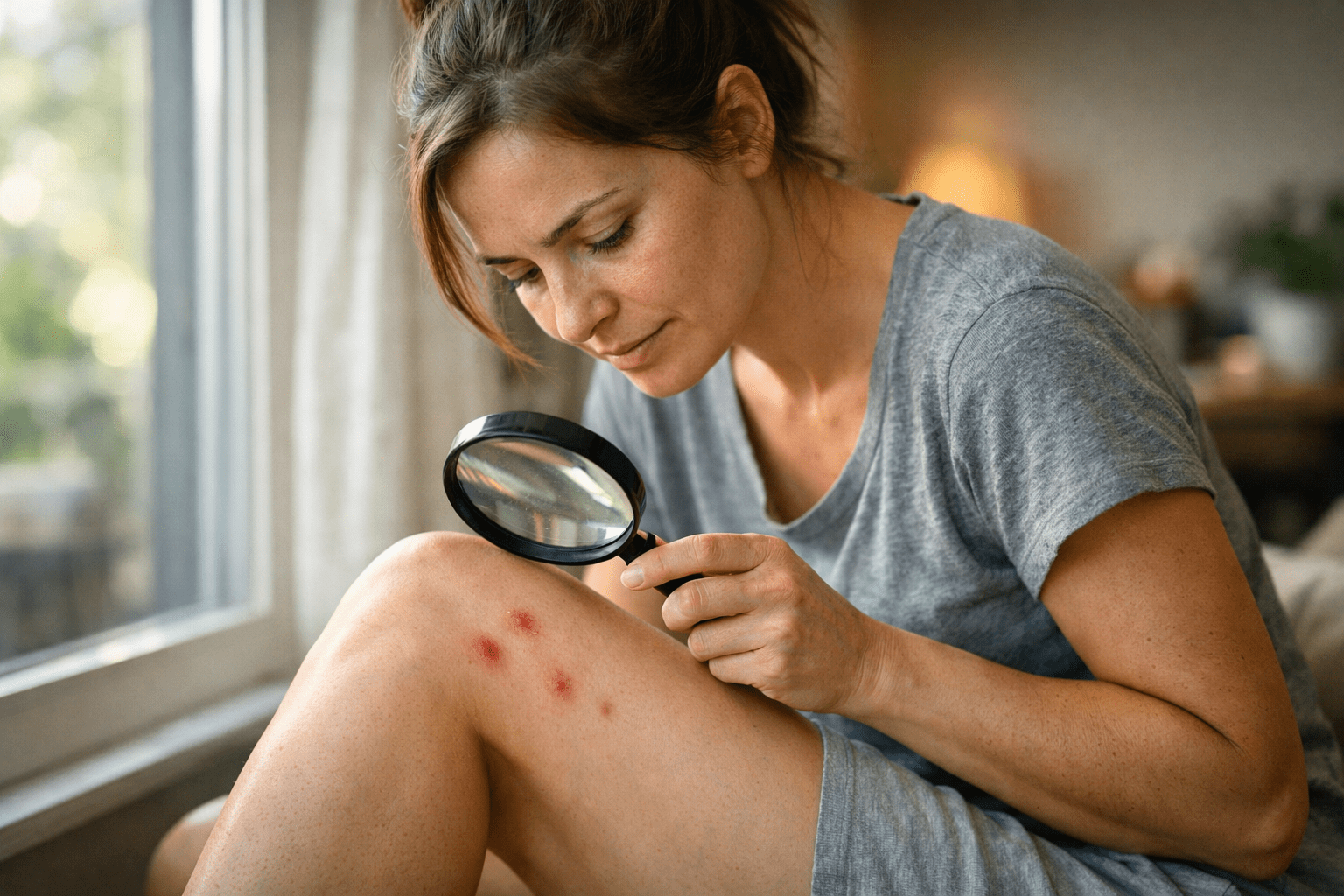 Woman examining insect bites on her leg with magnifying glass to identify bite type and characteristics