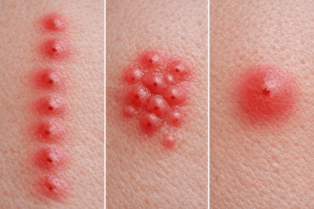 Close-up macro comparison of bed bug bites, flea bites, and mosquito bites showing distinct patterns and characteristics on skin