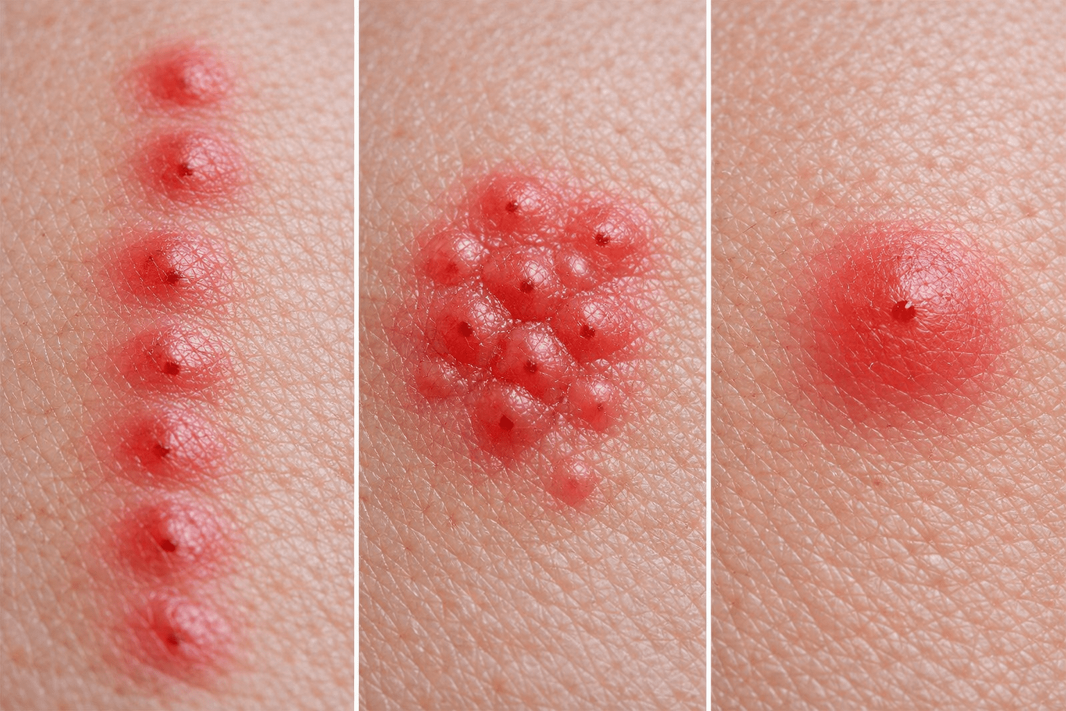 Close-up macro comparison of bed bug bites, flea bites, and mosquito bites showing distinct patterns and characteristics on skin