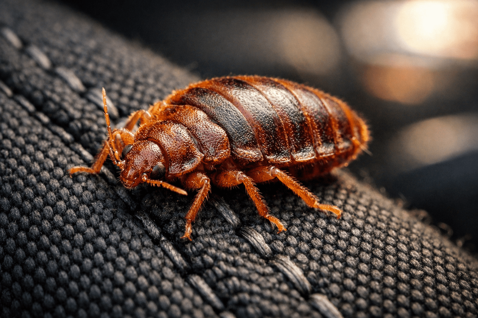 Detailed macro photo of bed bug on car seat upholstery showing body structure and legs