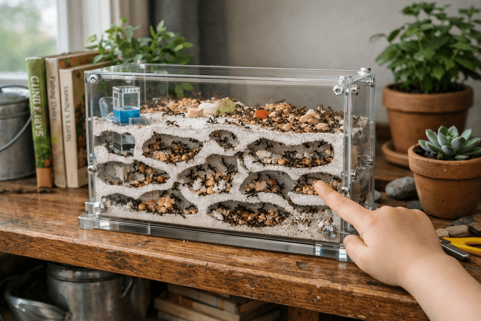 Educational ant farm habitat setup in home environment showing live colony with visible tunnels and worker ants
