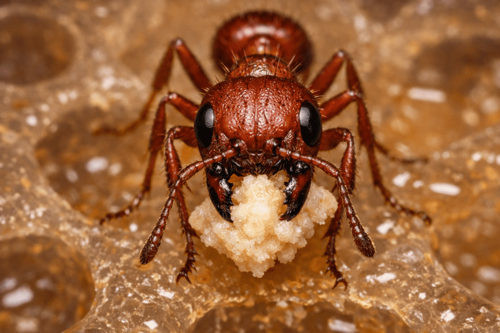 Macro photography of red ant worker in educational ant farm habitat showing detailed compound eyes and tunneling behavior