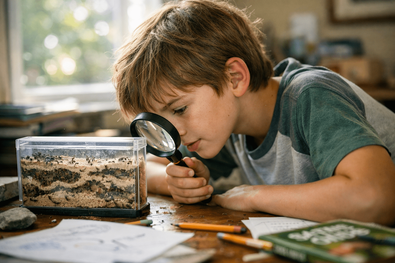 Child observing live ant colony in educational ant farm with magnifying glass during hands-on learning