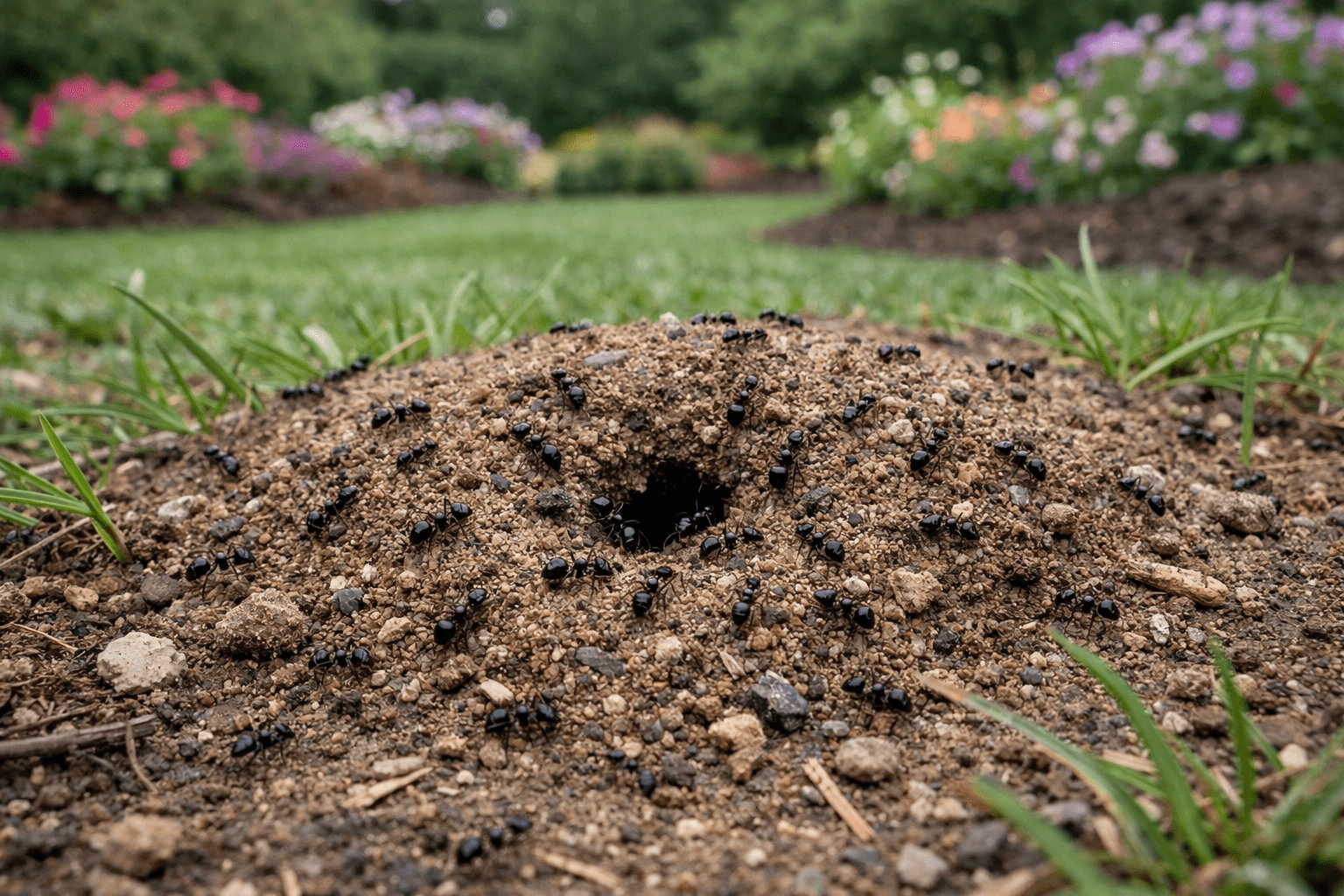 Ant mound in lawn and soil showing typical outdoor ant colony location