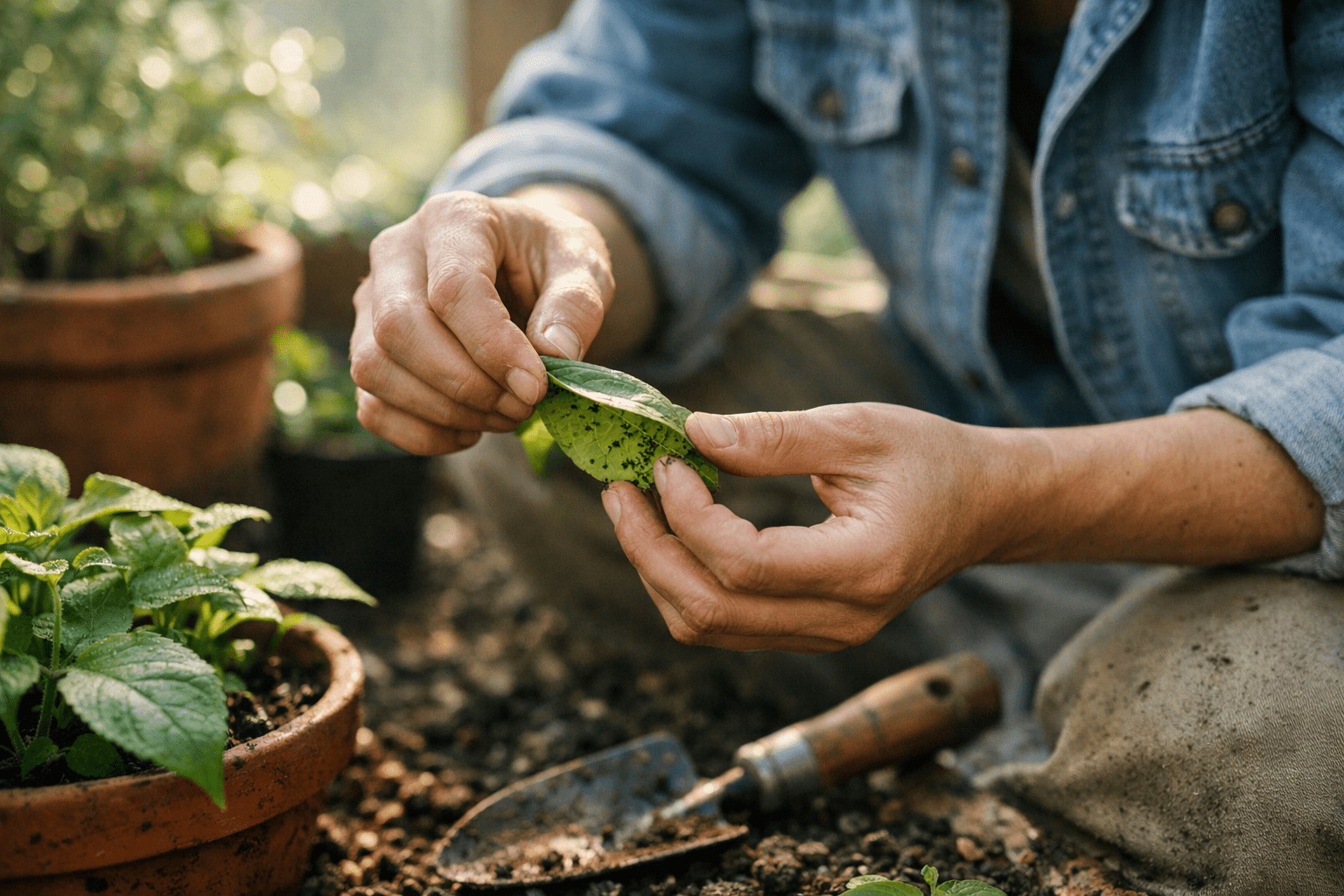 Gardener inspecting plants for ant activity during pest control inspection