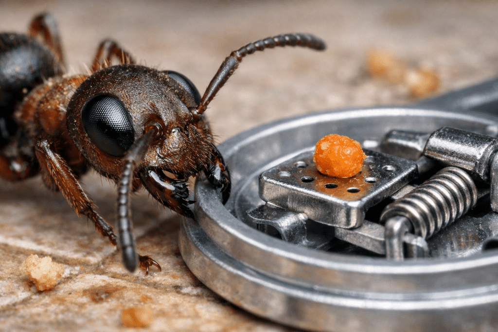 Macro close-up of ant approaching a kitchen ant trap with sharp detail on antennae and mandibles