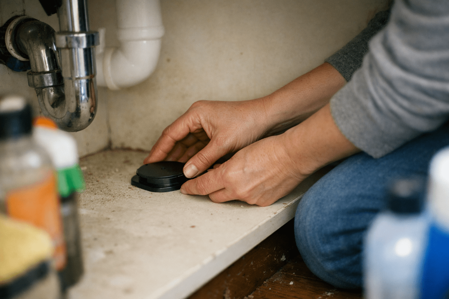 Person installing ant traps under bathroom sink for effective kitchen and bathroom ant control