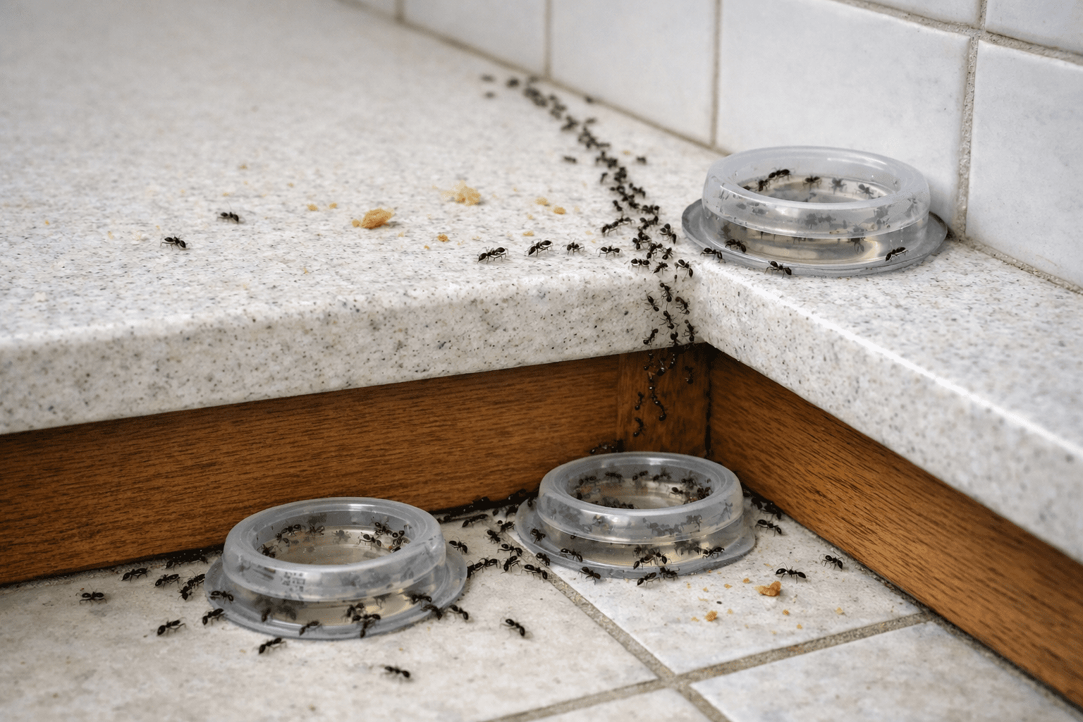 Kitchen counter showing ant trail leading to multiple bait traps placed along baseboard and tile