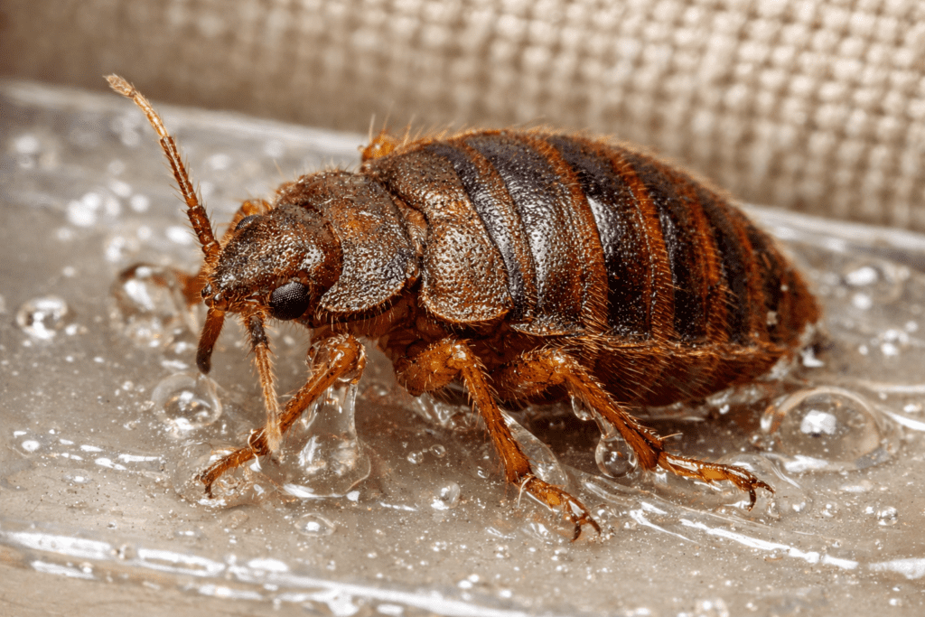 Bed bug detector trap showing captured insect with detailed macro focus on body segments and legs