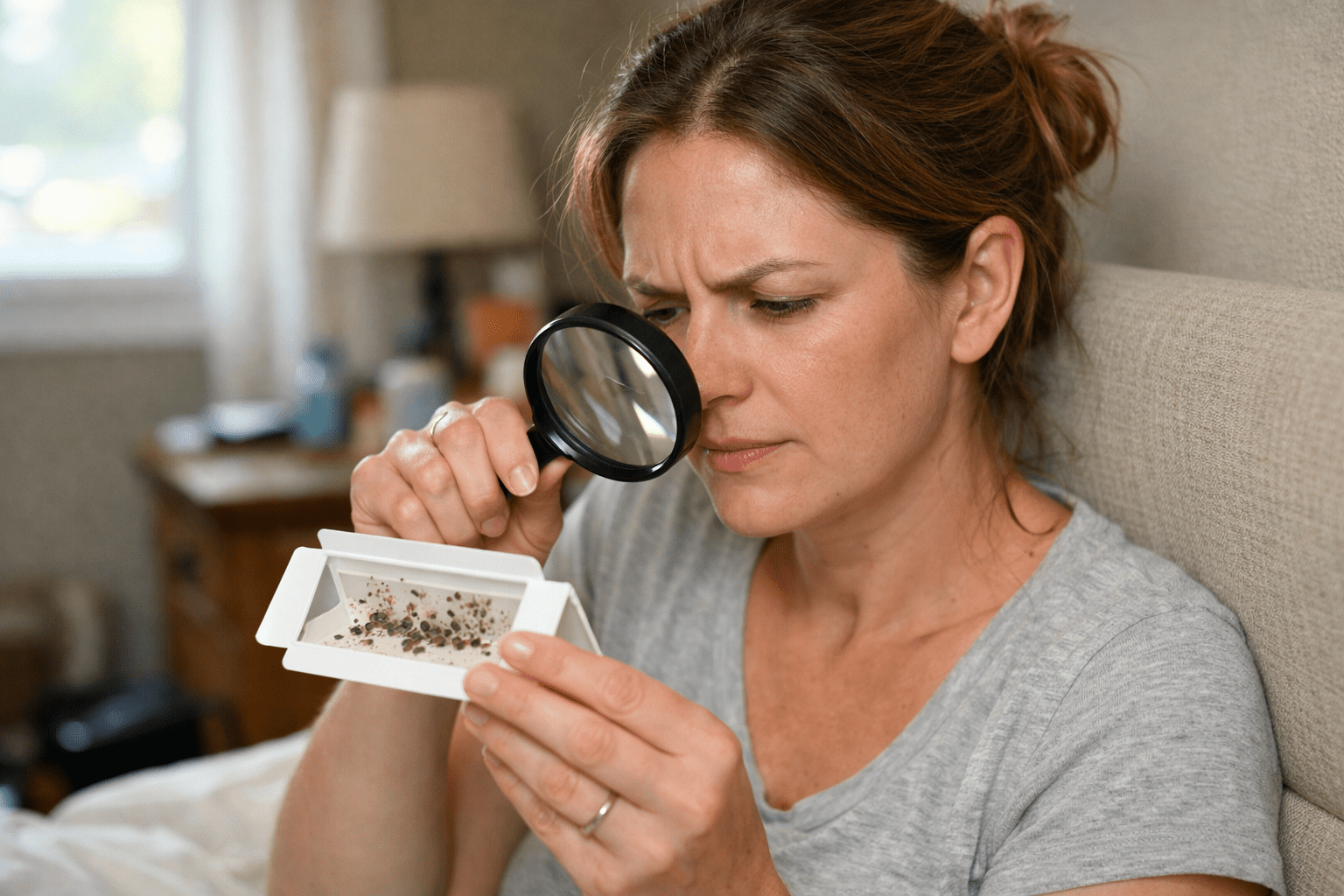 Person inspecting bed bug detector trap with magnifying glass to identify captured insects
