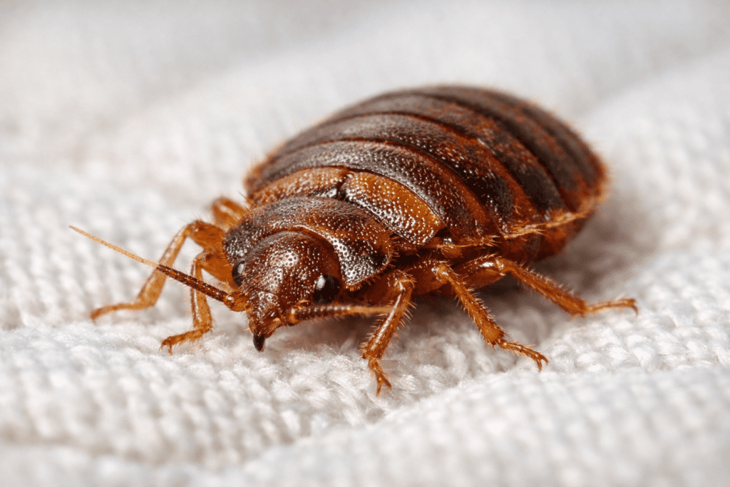 Macro close-up of bed bug on mattress fabric showing detailed body structure and legs