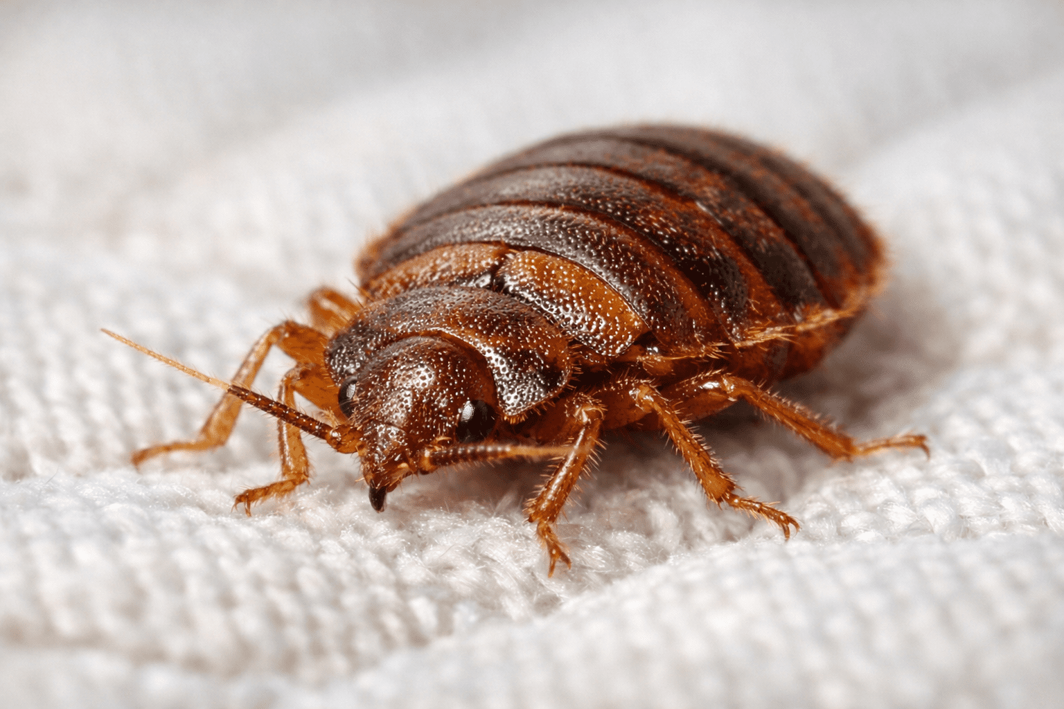 Macro close-up of bed bug on mattress fabric showing detailed body structure and legs