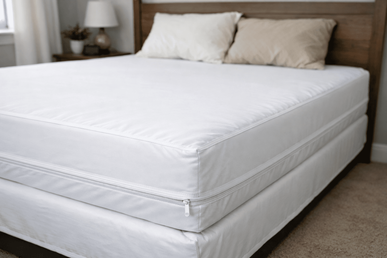 Mattress with bed bug encasement installed showing zippered protective cover on bedroom