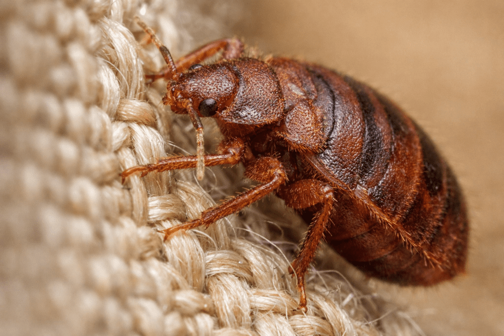 Macro close-up of bed bug on luggage fabric showing detailed body structure and legs gripping fibers