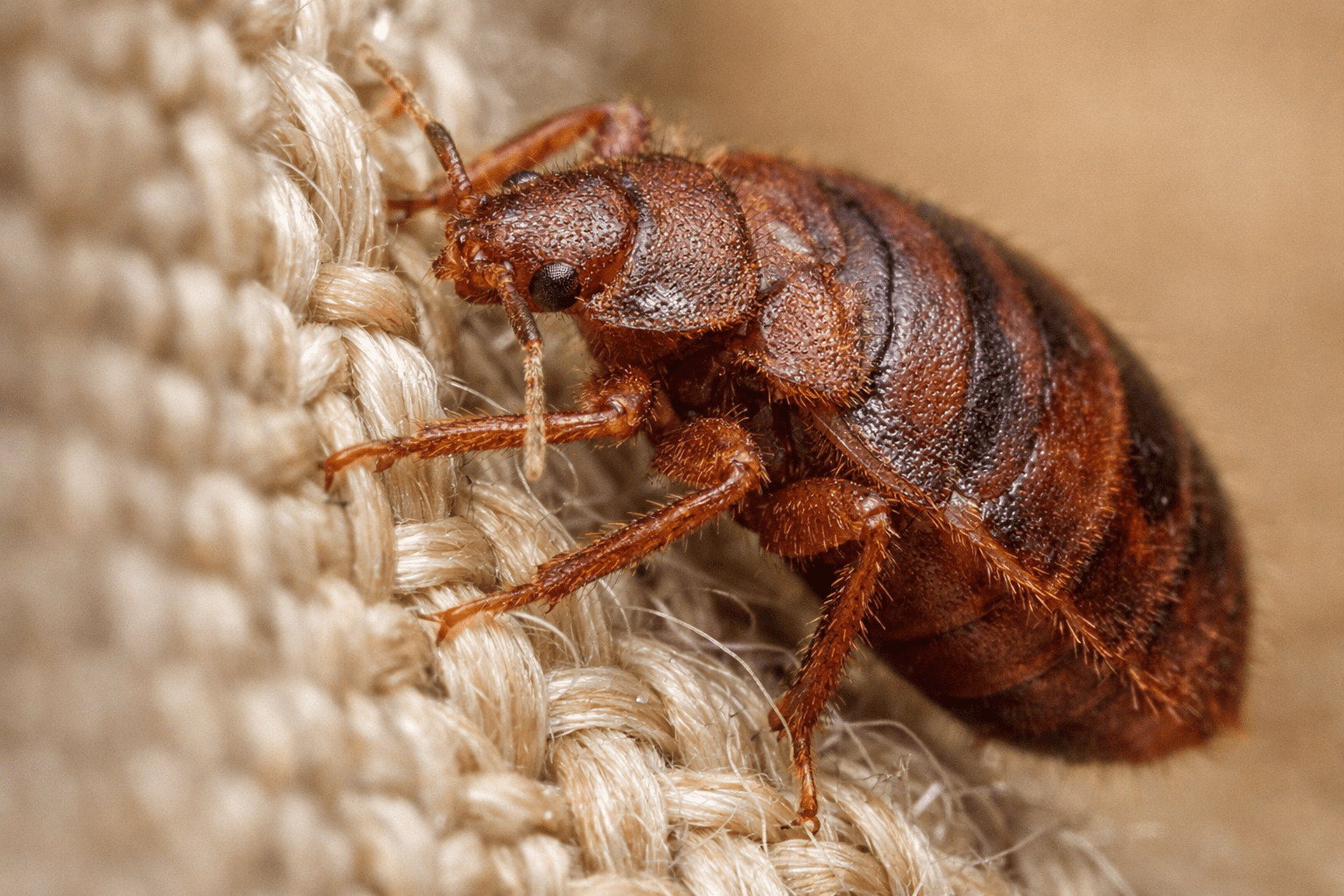 Macro close-up of bed bug on luggage fabric showing detailed body structure and legs gripping fibers