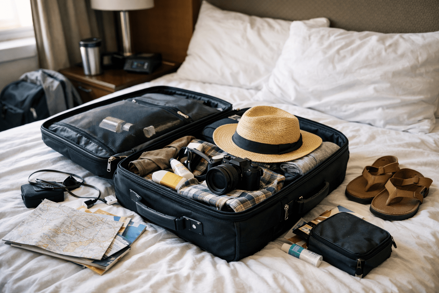 Open suitcase on hotel bed with travel accessories showing typical luggage placement where bed bugs hide