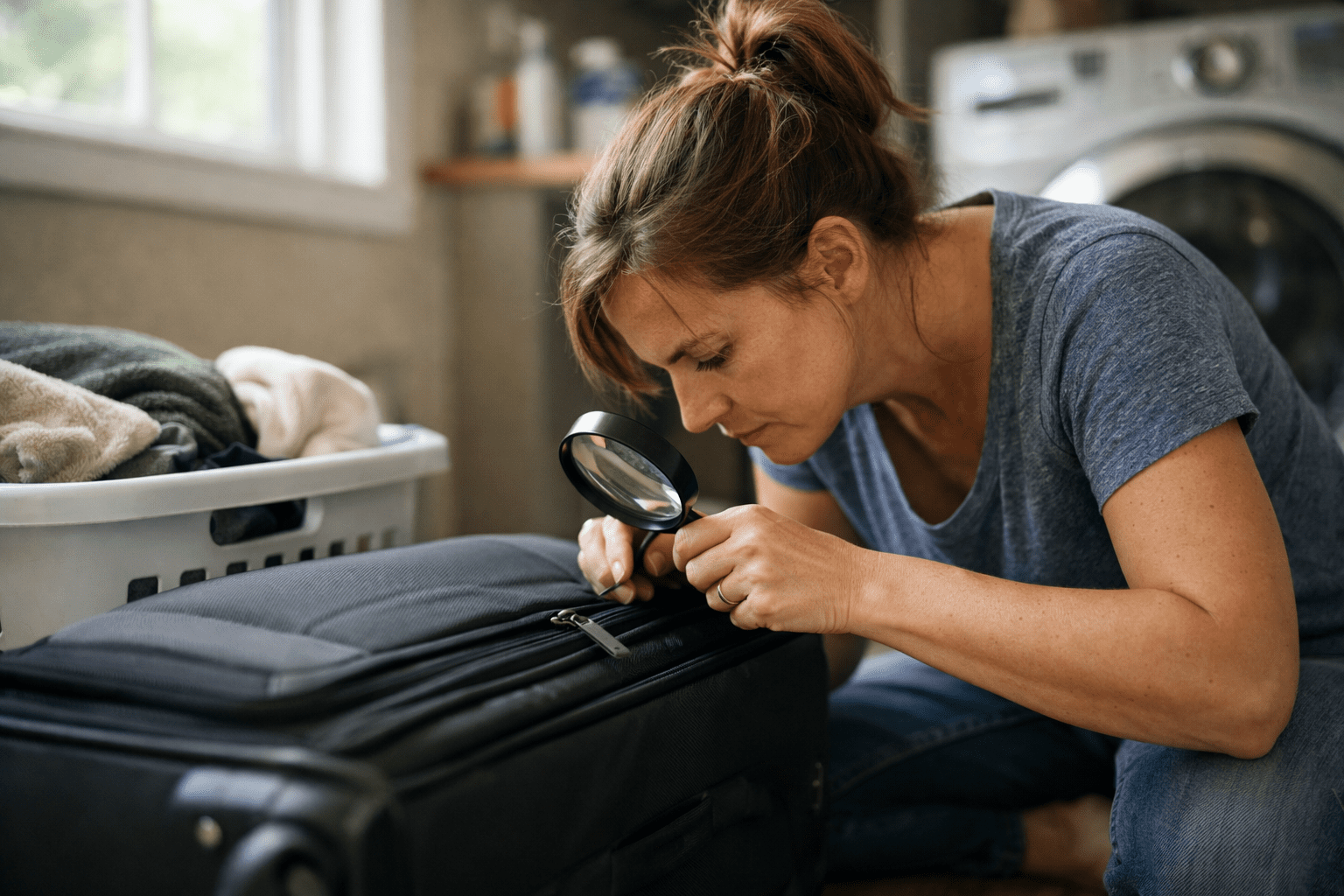 Woman inspecting suitcase seams with magnifying glass for bed bugs after travel in home laundry room