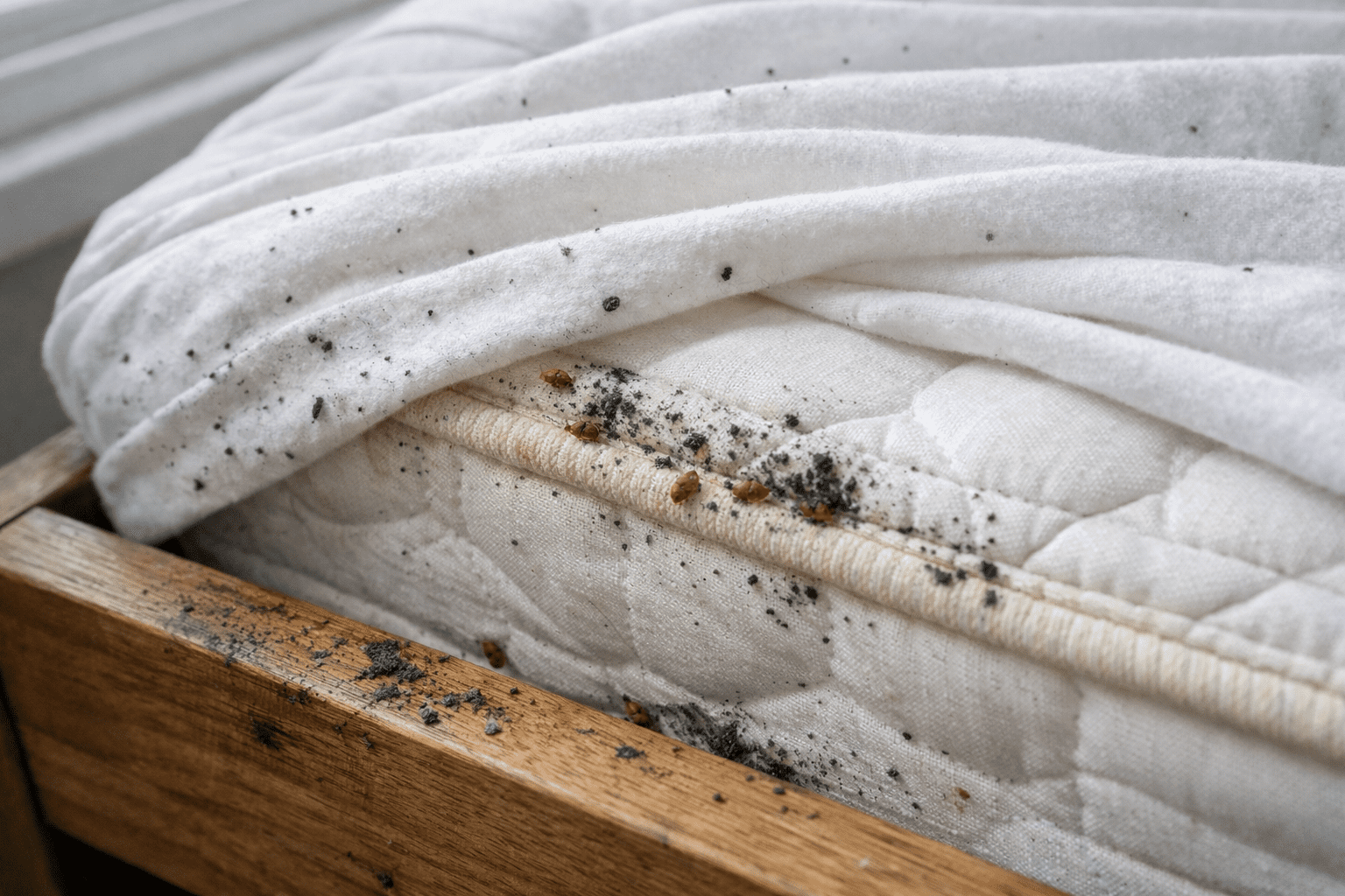Mattress seams and bedsheet showing bed bug infestation signs and fecal spots