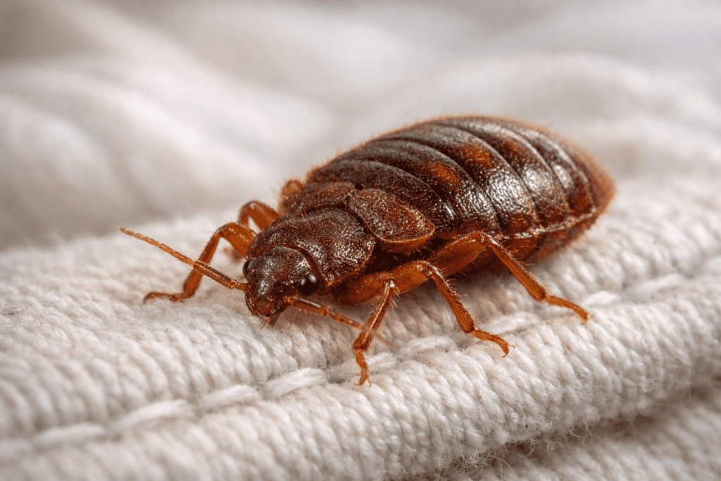 Detailed macro photograph of bed bug on mattress fabric showing body structure