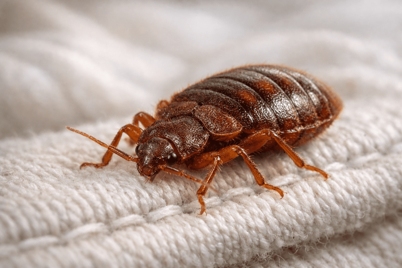 Detailed macro photograph of bed bug on mattress fabric showing body structure