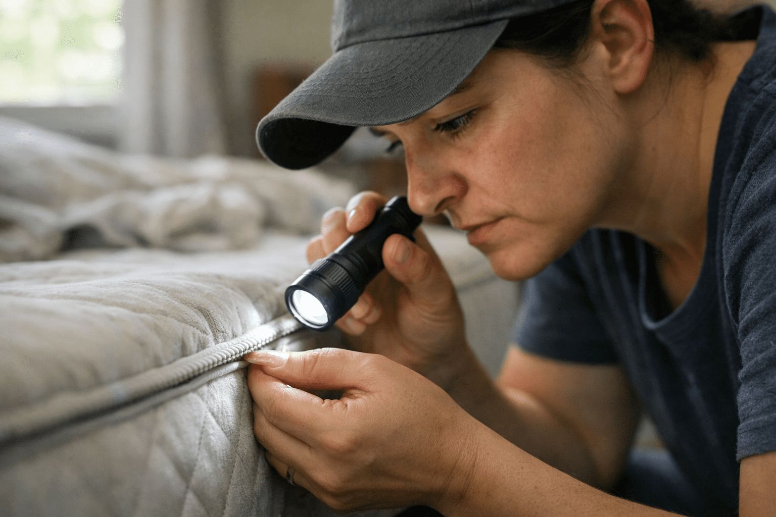Person inspecting mattress seam with flashlight for bed bug treatment inspection