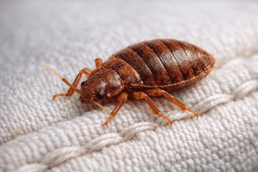 Detailed macro photo of bed bug on mattress fabric showing body structure and coloring