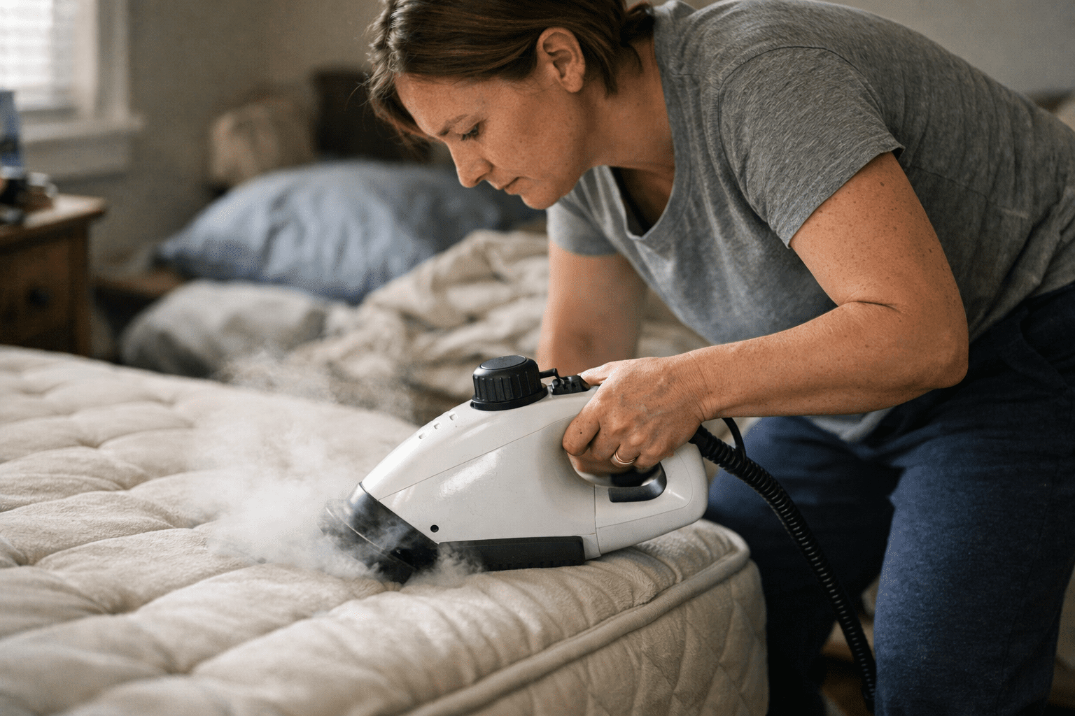 Person using handheld steamer on mattress for bed bug removal treatment at home