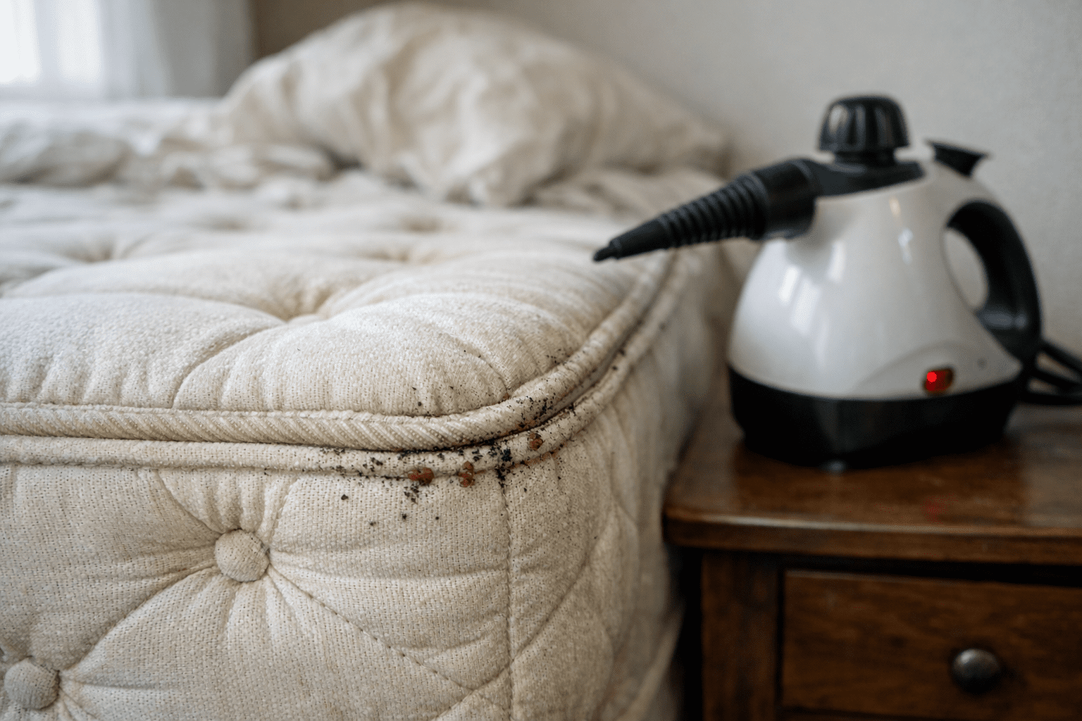 Bedroom mattress corner with seams and a bed bug steamer device on nightstand