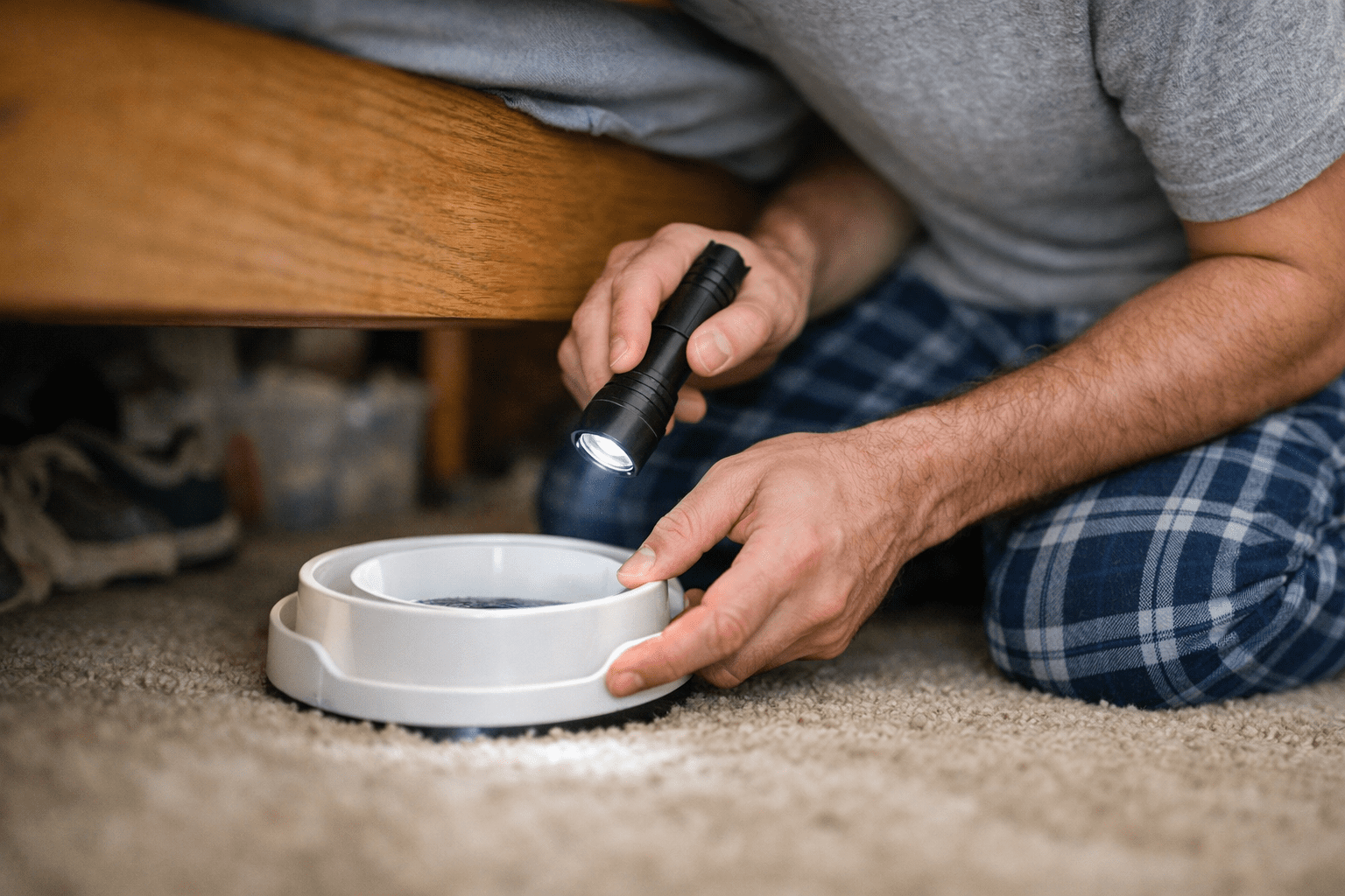 Person inspecting bed bug interceptor trap under bed frame with flashlight for detection