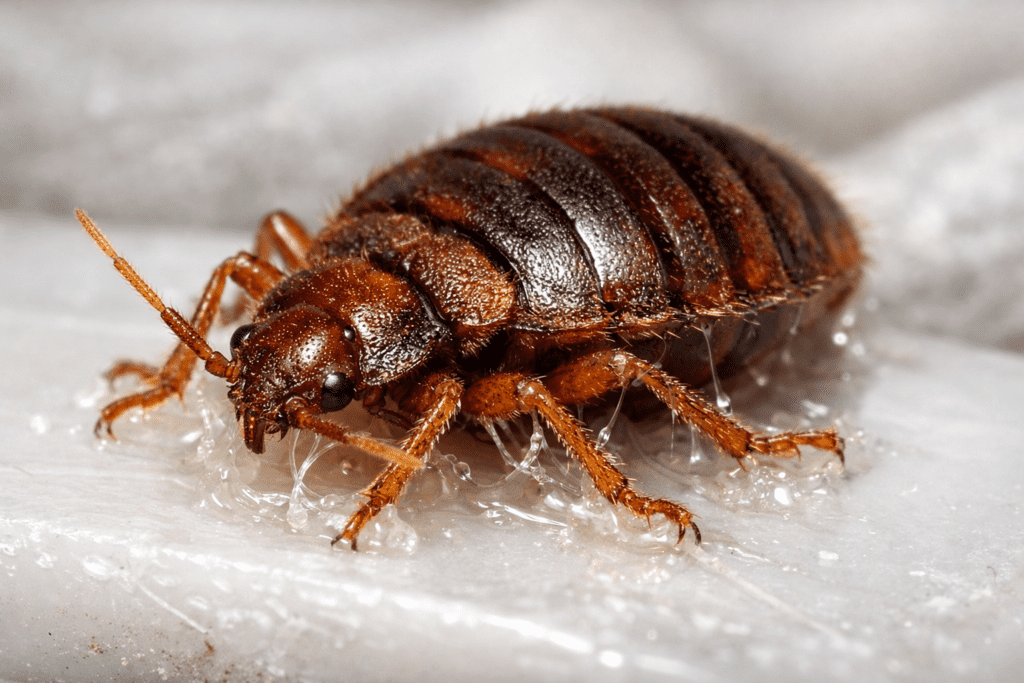 Bed bug trapped on sticky interceptor pad showing detailed body structure and legs