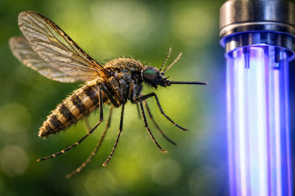 Macro photo of mosquito approaching UV light with detailed wing and eye structure visible