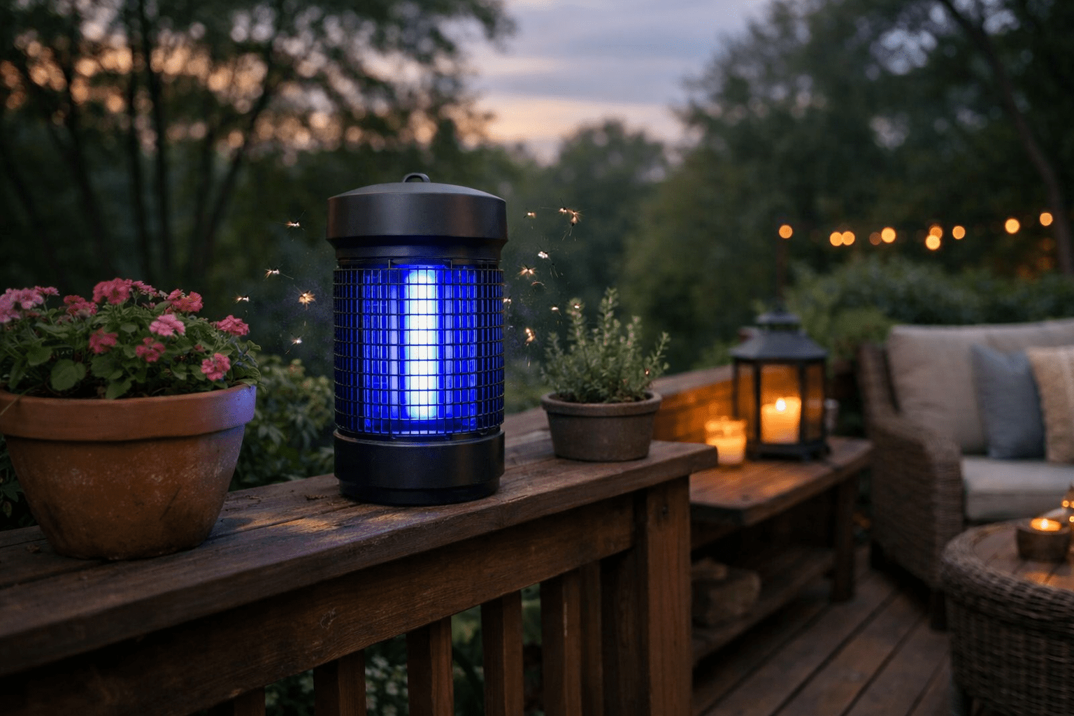 Outdoor patio with mounted bug zapper device surrounded by plants at dusk