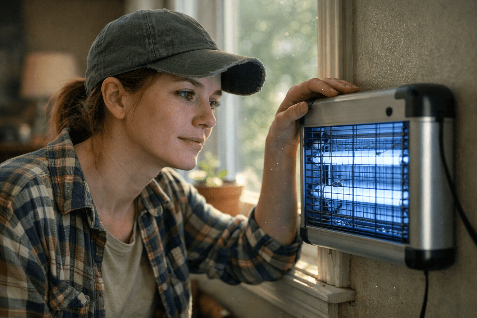 Woman inspecting indoor mosquito zapper device near home window with natural light