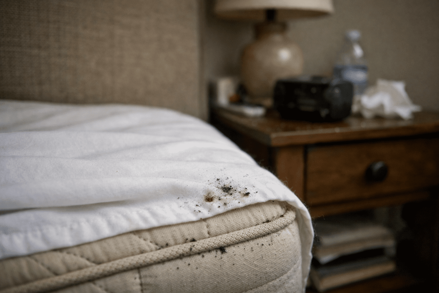 Bedroom corner showing mattress and sheets where bed bug treatment with food grade diatomaceous earth would be applied