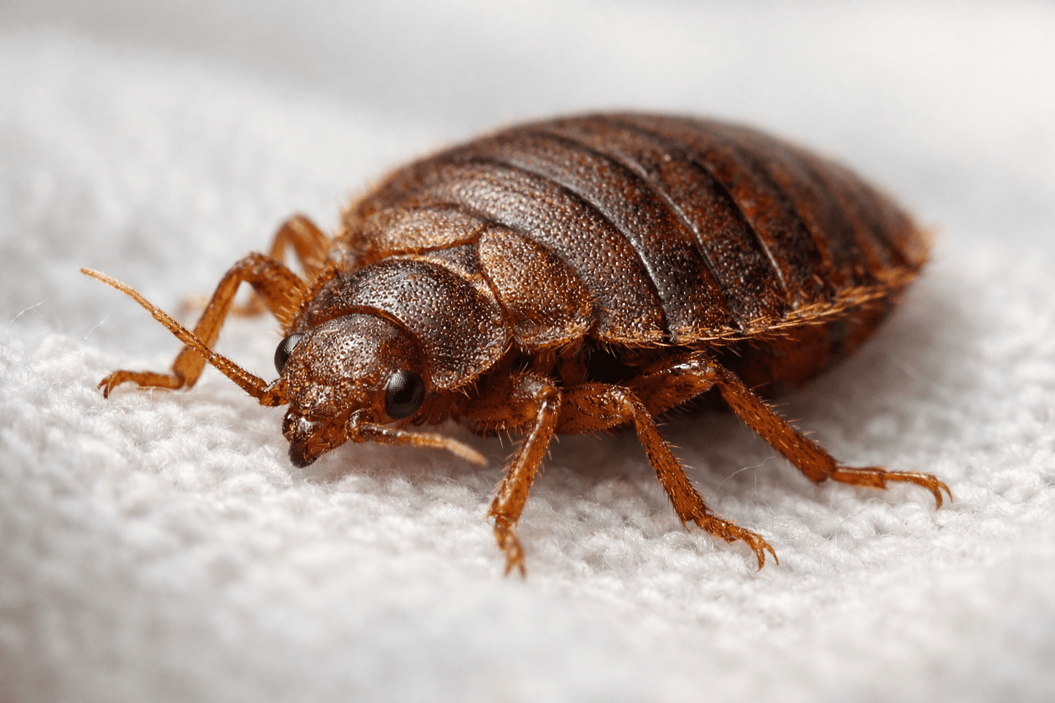 Macro photography of bed bug on cotton fabric showing detailed body structure for diatomaceous earth treatment guide
