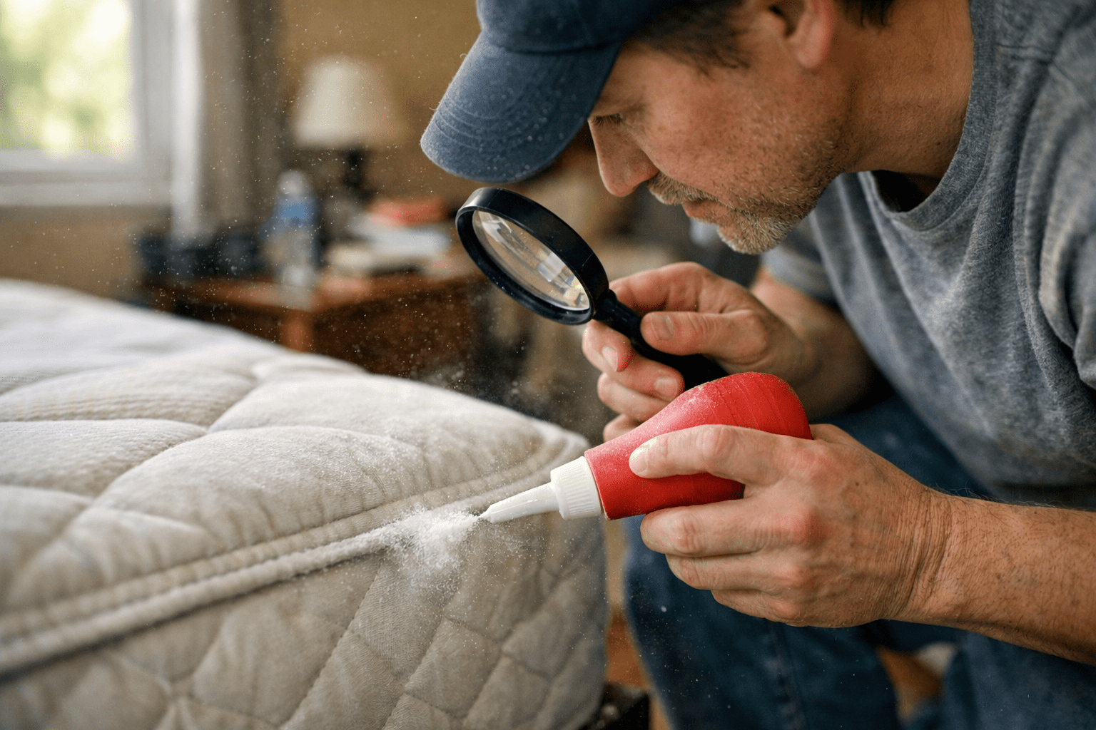Person applying food grade diatomaceous earth powder to mattress seam for natural bed bug pest control treatment