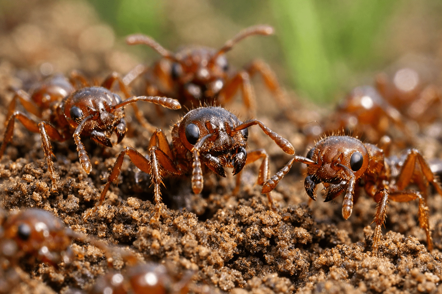 Fire ants swarming on mound with detailed macro view of colony structure and ant bodies