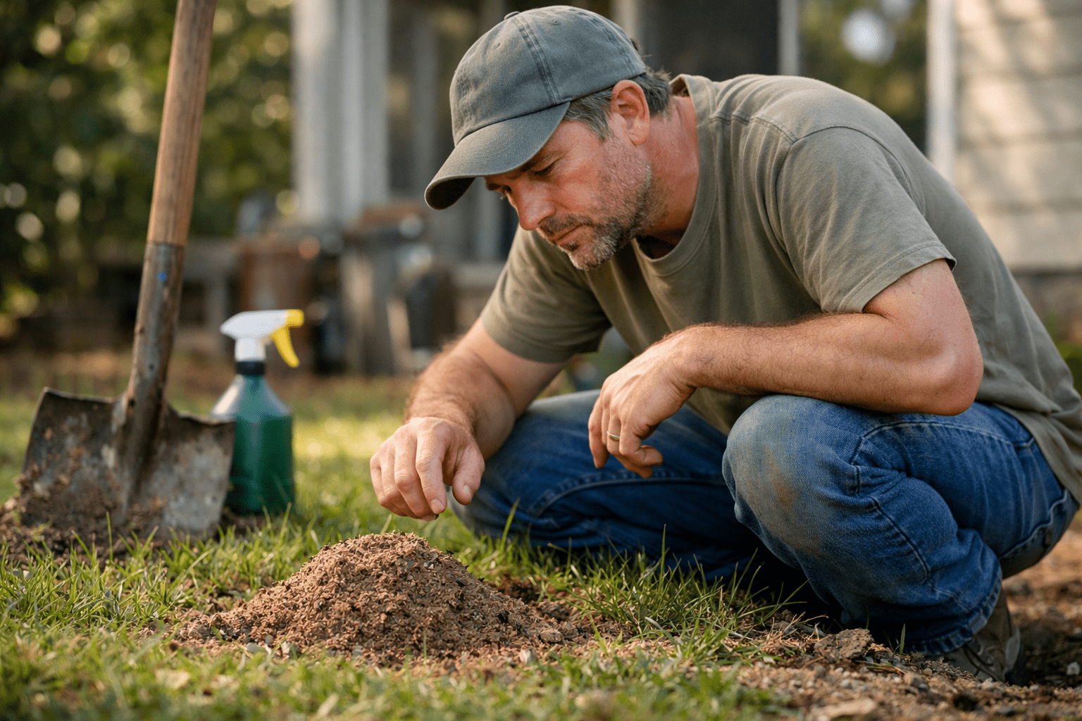 Homeowner inspecting fire ant mound in yard for treatment planning and control strategy